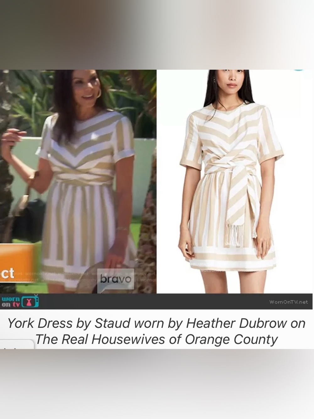 Staud York Dress beige and white chevron pattern, with a waist tie; size XS.